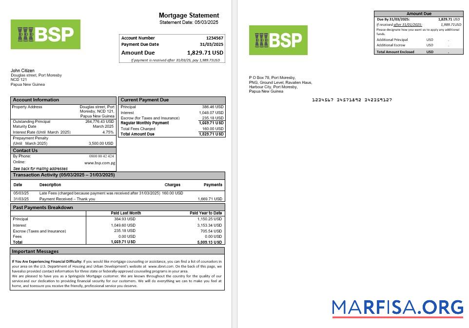 Downloadable Papua New Guinea BSP mortgage statement in Word and PDF formats real example